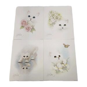 Vintage Fancy Feast Springtime Prints Harrison 1985 Set of 4 Cat Kitten Art 80's